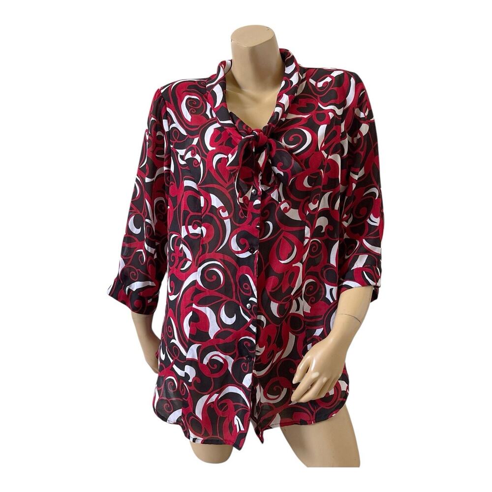Avenue Button Up Blouse Womens Plus 14/16 Sheer Red Abstract Tie Neck 3/4 Sleeve